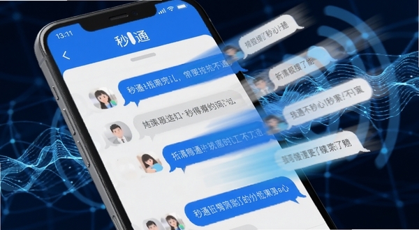 手机屏幕特写,显示秒通应用内多条消息气泡快速飞入聊天窗口,背景是抽象的网络信号波纹,色彩以蓝白为主,体现速度感和科技感,软件名称秒通出现在屏幕顶部