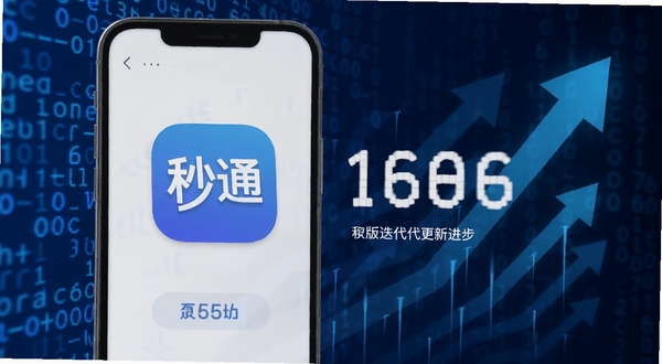 秒通应用图标和版本更新界面展示在手机屏幕上,背景为抽象的数字代码和上升箭头,象征版本迭代和功能进步,色调以蓝色和白色为主,简洁现代