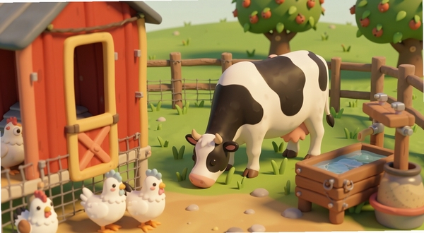Big Farm ����������д����������Ǻ�ɫ�����뼸ֻ��ɫ��ͨ�����м��Ǻڰ׻���ţ�ڲݵ��ϳԲݣ��Ҳ���ľ��ˮ��������Ͱ������Ϊũ��Χ�������������ɫ����ů��ͣ����� Boogu ģ������
