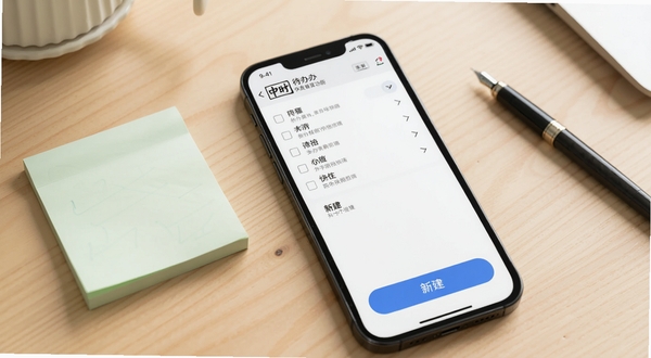 中时通待办与快捷记录功能界面,画面主体为手机屏幕显示待办清单与新建按钮,屏幕旁有便签纸和笔的静物点缀,背景为浅木色桌面,光线柔和,营造高效办公氛围