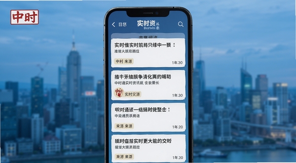 中时通实时资讯聚合功能展示图,画面主体为手机屏幕内多条资讯卡片纵向排列,卡片上有标题、来源标签和时间戳,背景为虚化的城市天际线,整体色调偏冷蓝,突出信息密度与阅读节奏