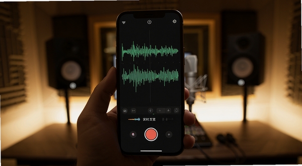 音频编辑工具箱录音与实时预览界面,手机显示录音按钮与波形实时跳动,背景为录音棚风格的柔和灯光环境