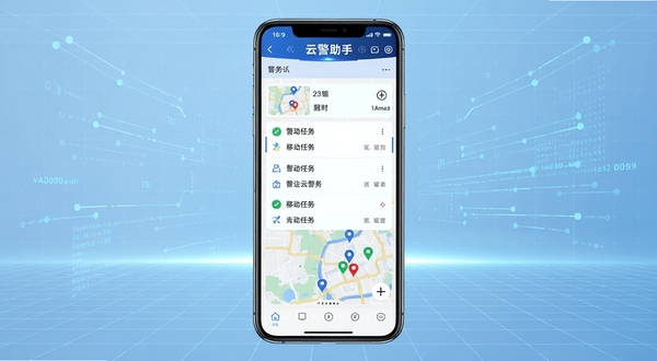 云警助手软件主界面全貌展示,画面中央为手机屏幕内显示警务任务列表与地图标记,背景为浅蓝色科技感网格与数据流线条,整体风格简洁专业,突出移动警务办公场景,画面比例16:9