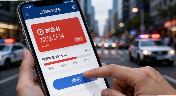 云警助手任务接收界面,手机屏幕显示红色加急任务卡片与倒计时进度条,警务人员手指轻触反馈按钮,背景为城市街景虚化,体现快速响应的工作节奏