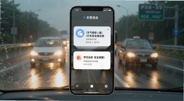 伊交运安安全提醒界面示意图,画面中手机屏幕弹出天气预警与行车安全提示卡片,背景为雨天道路与亮起的车灯,氛围温和不刺眼,突出提醒功能
