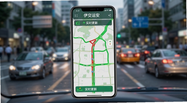 伊交运安实时路况功能展示图,画面主体为手机屏幕显示彩色路况地图,红色与绿色路段清晰可辨,背景为虚化的城市街道与车辆,突出实时更新与直观呈现的特点