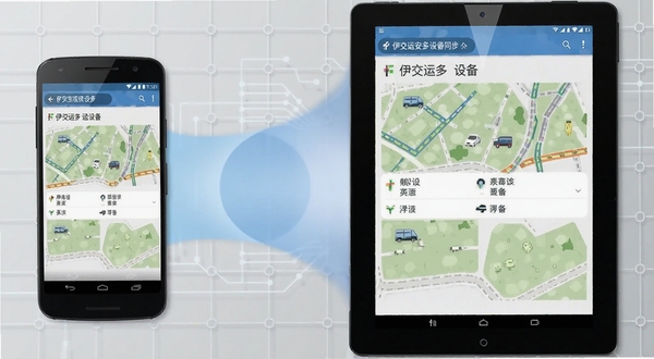 伊交运安多设备同步概念图,画面左侧为安卓手机,右侧为安卓平板,两者屏幕均显示相同的交通信息界面,中间以柔和光线连接,背景为浅灰科技感网格
