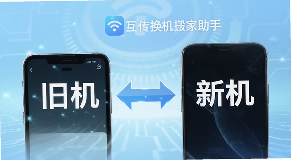 画面中央展示两部智能手机并排摆放,屏幕分别显示“旧机”与“新机”标识,中间以双向箭头连接,背景为浅蓝色渐变科技光效,整体风格简洁明快,突出互传换机搬家助手的品牌标识与数据传输主题