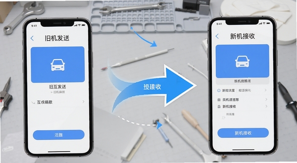 互传换机搬家助手操作流程图解风格,画面展示两部手机屏幕分别显示“旧机发送”与“新机接收”界面,中间以动态箭头连接,背景为浅灰色工作台场景,突出操作步骤的清晰性与易用性