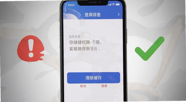 索尼克力量故障排查示意图,手机屏幕显示设置菜单中的存储权限与清除缓存按钮,旁边有红色感叹号与绿色对勾图标对比,背景为简洁的灰色渐变,画面清晰直观,适配Boogu模型生成