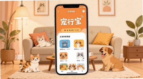 宠行宝 应用主界面展示 手机屏幕居中放置 背景为温馨客厅 有猫狗元素点缀 扁平化插画风格