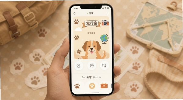 宠行宝 行程分享卡片 手机屏幕显示分享界面 背景有宠物爪印和旅行元素 柔和暖色调 扁平风格