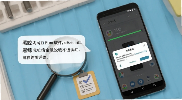 画面展示一部安卓手机正在安装黑鲸软件,屏幕上出现安装进度条与权限提示弹窗,手机旁边放置一个放大镜与检查清单图标,背景为浅蓝色工作台风格,画面主体手机位于中央偏右,左侧留出空间放置文字气泡,适配Boogu模型生成