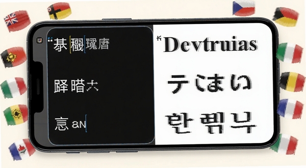 全能翻译官免费版多语种翻译功能展示图,画面中一部安卓手机横屏放置,屏幕左侧输入中文,右侧输出英文、日文、韩文三种译文,手机周围环绕着各国国旗小图标,背景为柔和的米白色,突出多语言互译主题