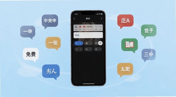 全能翻译官免费版应用主界面展示,画面中央是手机屏幕,屏幕内显示翻译输入框与多语言切换按钮,背景为浅蓝色渐变,周围漂浮着中英日韩等多国语言气泡图标,整体风格清爽简洁,适配Boogu模型生成