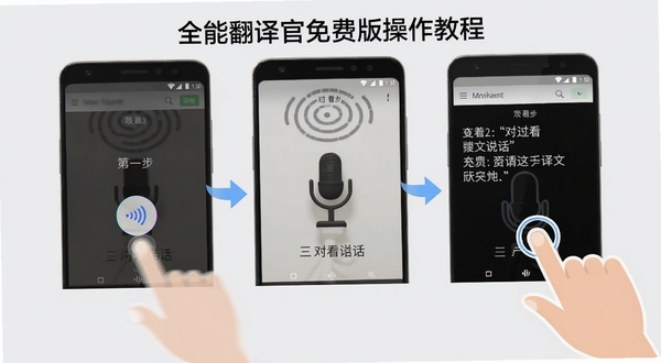 全能翻译官免费版操作教程示意图,画面展示一部安卓手机,屏幕上分步骤显示:第一步点击语音按钮,第二步对着麦克风说话,第三步查看译文结果,手机旁边有手指点击的动画示意,背景为浅灰色,风格简洁明快