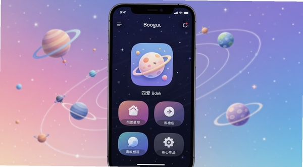 四爱星球社交聊天应用主界面展示,居中放置应用图标与核心功能入口,背景为柔和的星空渐变色调,点缀星球与轨道环绕元素,整体风格简洁科技感,适配Boogu模型生成