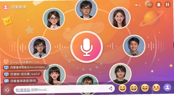 四爱星球语音房间界面,展示圆形用户头像围绕中心麦克风图标,底部有弹幕输入框与表情栏,背景为暖色调渐变,突出社交互动氛围,适配Boogu模型生成