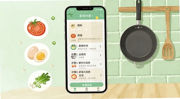 家常菜食谱软件内页截图风格插画,画面主体为一部竖屏手机,屏幕显示番茄炒蛋的用料清单与步骤列表,手机左侧漂浮着番茄、鸡蛋、葱花等食材图标,右侧背景区域为浅绿色厨房瓷砖墙面,墙面上挂着一口平底锅和木铲,整体色调清新明快,突出食谱应用的实用感。