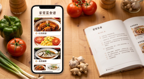 一款名为家常菜食谱的手机应用界面展示,画面中央偏上位置放置手机样机,屏幕内呈现红烧肉、番茄炒蛋、清蒸鲈鱼三道菜品卡片与步骤缩略图,背景区域为暖色调木质厨房台面,台面上摆放青椒、番茄、葱姜蒜等新鲜食材,右侧留白处点缀一本翻开的食谱手册,整体风格温馨写实,光线柔和,适合作为软件下载页头图。