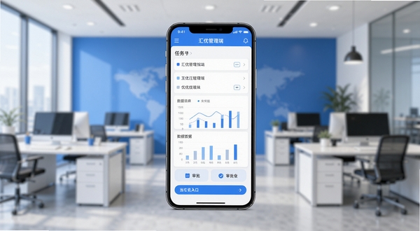 汇优管理端软件主界面与功能模块全景展示图,画面中央为手机屏幕显示汇优管理端应用界面,包含任务列表、数据图表、审批入口等元素,背景为简洁的现代办公环境虚化处理,蓝白配色,扁平化设计风格,高清细节