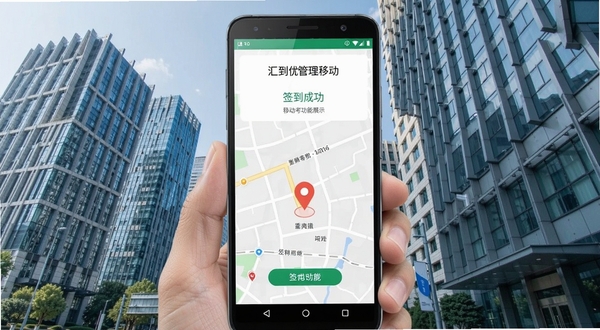 汇优管理端移动考勤功能展示图,画面中一部安卓手机屏幕显示签到成功页面,地图上标注着定位坐标,背景是城市写字楼外景,画面明亮清晰,突出移动办公场景