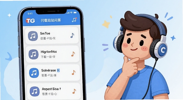 TG音乐台用户问答场景插画,画面左侧是手机屏幕显示问答列表,右侧是卡通人物手持耳机思考,背景为浅蓝色渐变,整体风格轻松友好,适合下载站问答板块配图