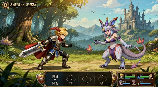 勇者大战魔物娘汉化版游戏主界面全景展示,画面中央为勇者角色与魔物娘对峙的经典场景,背景为奇幻森林与古堡轮廓,整体色调明亮温暖,角色造型精致,界面下方显示回合制战斗指令栏与队伍状态,适配Boogu模型生成