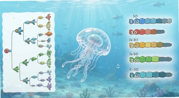 Evolution of Species��Ϸ������չʾ����������Ϊһֻ��͸����ˮĸ״ԭʼ����Ư����ǳ��ɫ���󱳾��У��������Ϊ���������״ͼ��壬�Ҳ�Ϊ������ֵ�������������¼�࣬����Booguģ������