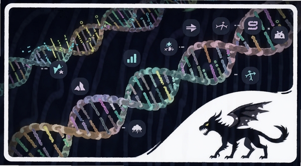 Evolution of Species������������ͼ���廭������չʾ�����ɫDNA������������ɫ�����ϣ�ÿ�������Ա�ע��ͬ����ͼ�꣬�������½���һֻ�����е���������Ӱ���Ƽ�����������ںϣ�����Booguģ������