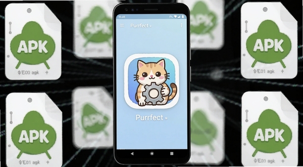 ��������ȫòչʾ�������������һ����׿�ֻ����ֻ���Ļ����ʾPurrfect��װ����Ӧ��ͼ��ͼ����棬ͼ��Ϊһֻ�ɰ���è�䱧��һ�ų��֣�����Ϊ��͵�ǳ��ɫ���������ֻ���Χ�����ż�����͸����APK�ļ�ͼ�꣬���������¿Ƽ��У�����Booguģ�����ɣ���ͼ���У�ϸ������