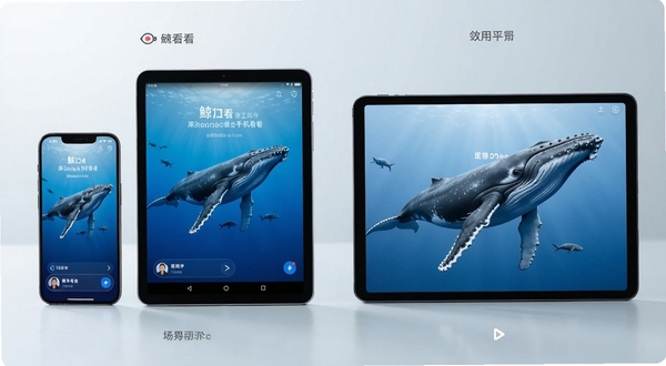 鲸看看在手机和平板上的使用场景对比图,展示不同设备适配效果,简洁科技风格