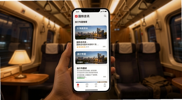 国铁吉讯资讯阅读板块界面,手机屏幕展示新闻卡片流与旅行专题推荐,背景为温馨的车厢阅读灯环境,色调温暖舒适,适配Boogu模型生成