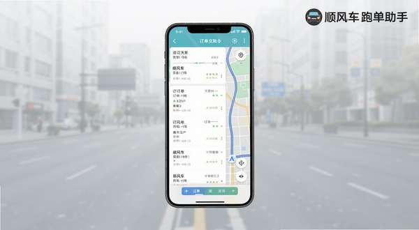 顺风车跑单助手软件主界面全貌展示,画面中央为手机屏幕正视图,屏幕内呈现订单列表与地图导航双模块布局,背景区域为浅灰色渐变城市道路虚化场景,右上角有顺风车跑单助手文字标识,整体风格简洁科技感,适配Boogu模型生成
