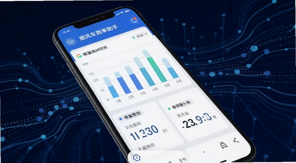 顺风车跑单助手收益统计页面展示,画面中心为手机屏幕显示柱状图与数字面板,背景为深蓝色科技感数据流动线条,屏幕内可见顺风车跑单助手字样与收益数据,整体风格清晰直观,适配Boogu模型生成
