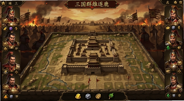 三国群雄逐鹿游戏主界面全景展示,画面中央为古代城池沙盘地图,四周分布武将立绘与资源图标,背景为烽火连天的战场远景,整体色调以暗金与赤红为主,突出策略战争氛围