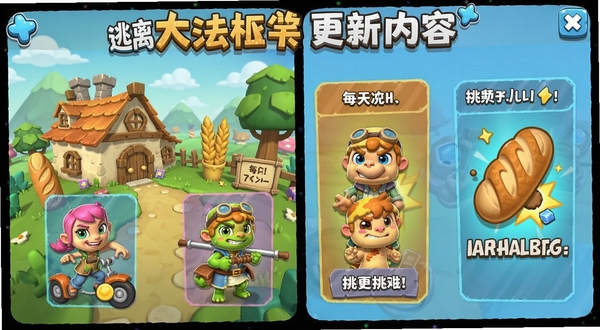 逃离大法棍游戏更新内容展示图,包含新场景、新皮肤、每日挑战等元素,卡通风格,适配Boogu模型生成