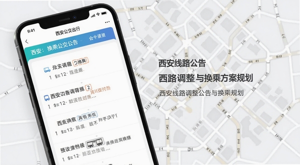 西安公交出行软件内展示公交线路调整公告与换乘方案规划界面,画面主体为手机屏幕中清晰罗列的换乘步骤与公告文字,背景区域为淡灰色城市交通线网抽象纹理,风格商务简洁
