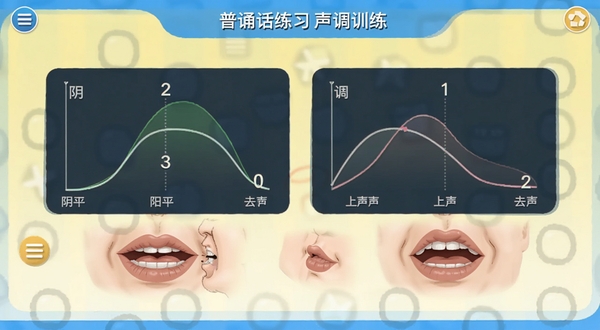 普通话练习声调训练界面,显示阴平阳平上声去声的调值曲线图,配有口型示意动画,背景为淡黄色渐变,风格教学化,适配Boogu模型生成