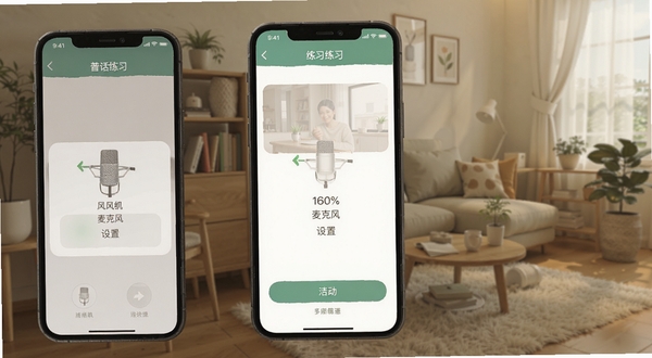 普通话练习手机端操作示意图,展示麦克风权限设置和练习界面,背景为居家环境,风格生活化,适配Boogu模型生成