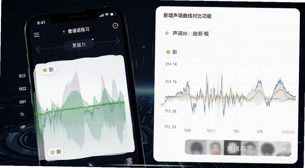 普通话练习版本更新界面截图,展示新增声调曲线对比功能,手机屏幕显示波形叠加图,背景为深色科技风,适配Boogu模型生成