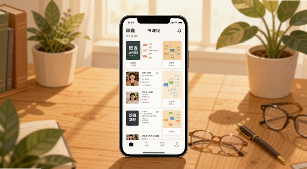 邵鑫读书软件主界面全景展示,画面中央为手机屏幕正视图,屏幕内呈现书籍精讲课程列表与思维导图卡片,背景区域为温暖木质书桌与绿植,光线柔和,扁平化插画风格,突出学习氛围与知识沉淀感