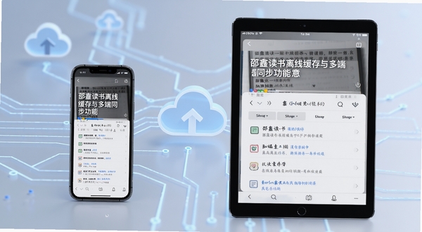 邵鑫读书离线缓存与多端同步功能示意,画面左侧为手机,右侧为平板,两者屏幕均显示相同的书籍课程进度与笔记列表,背景为简洁的科技线条与云朵图标,表达数据同步概念