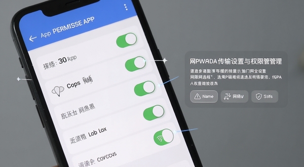 Copus App 传输设置与权限管理界面,画面展示手机屏幕上的权限开关列表和网络选择选项,背景为柔和的灰色调,突出操作引导与安全提示