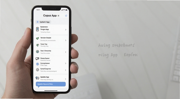 Copus App 版本更新界面,画面展示手机屏幕上显示更新日志列表,背景为简洁的白色与浅灰色,突出版本迭代与功能改进