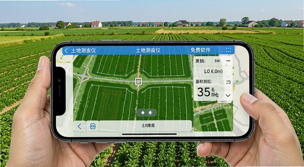 土地测亩仪免费软件主界面展示,手机屏幕显示绿色农田地图与面积测量数据,背景为晴朗的乡村田地,画面清晰明亮,写实风格,居中构图,突出土地测亩仪免费核心功能