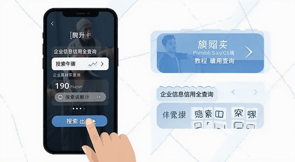 企业信息信用全查询 使用教程示意图 手机屏幕显示查询操作步骤 手指点击搜索按钮 简洁扁平化设计风格