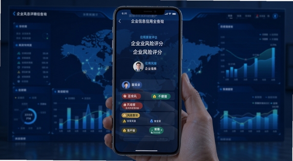 企业信息信用全查询 信用风险评估界面截图 手机屏幕显示企业风险评分和风险标签 背景为数据图表 科技感蓝色风格
