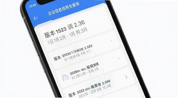 企业信息信用全查询 版本更新界面截图 手机屏幕显示更新日志列表 版本号和时间标注清晰 简洁现代风格