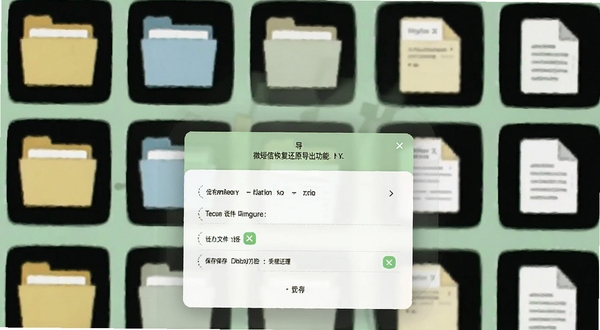 微短信恢复还原导出功能界面,手机屏幕展示导出格式选择弹窗与文件保存路径选项,背景为浅绿色清新风格,主体位于屏幕中央偏下,背景区域为文件夹与文档图标排列,体现数据管理的条理性